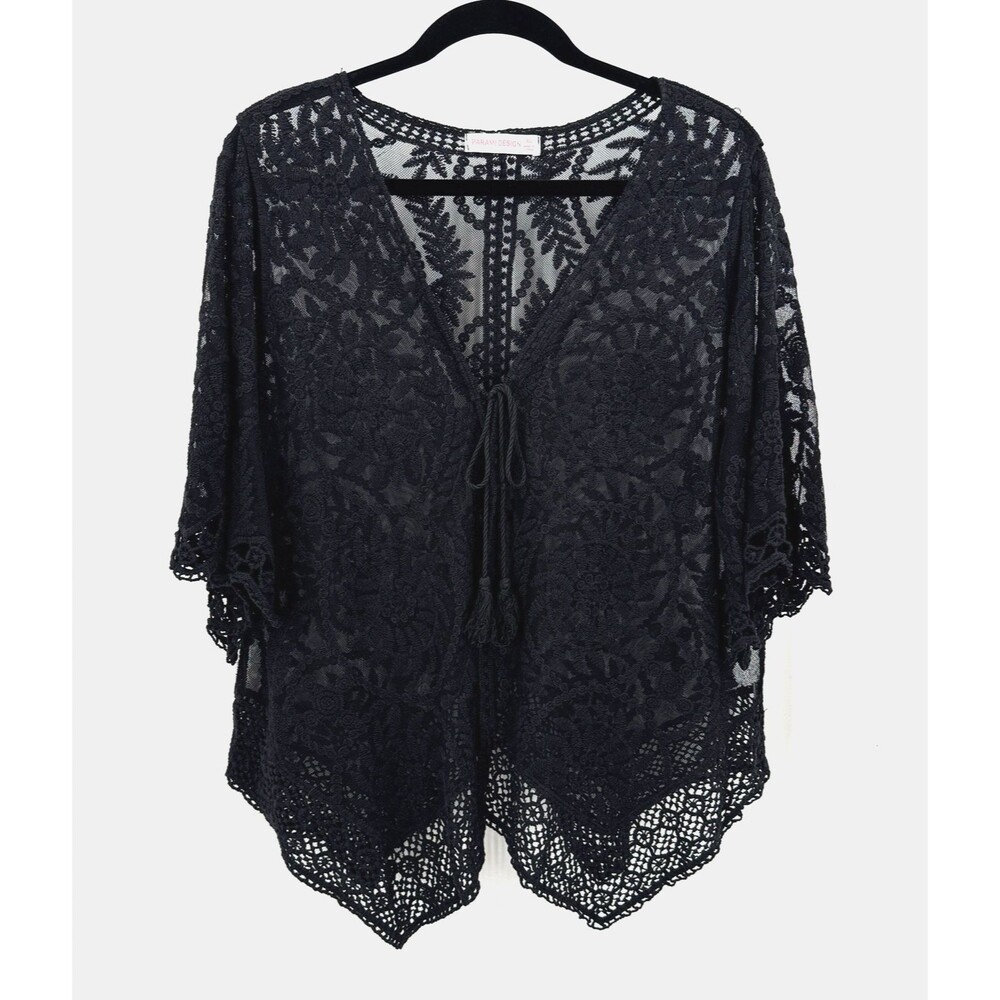 Parami Design Lace Kimono Women XL Black Sheer Floral Tie Front Boho Gothic Top